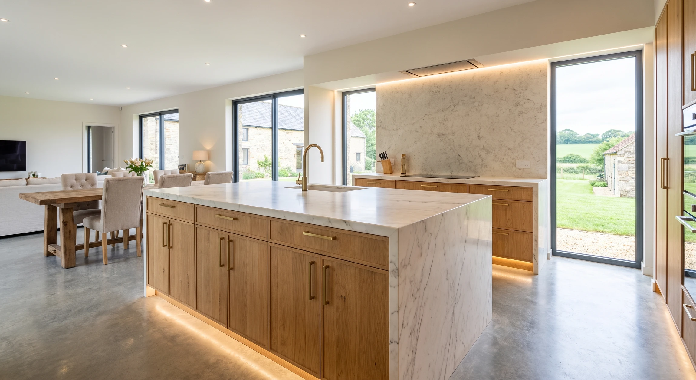 Photographie professionnelle en haute résolution d'une cuisine moderne de haut de gamme aménagée par Nature Agencement. Vue d'ensemble montrant un îlot central avec plan de travail en matériau haut de gamme (marbre veiné ou céramique effet béton), façades en bois massif finition naturelle ou vieilli, crédence texturée, éclairage LED intégré discret, quincaillerie métallique brossée de qualité, espace ouvert vers le salon, luminosité naturelle. La scène doit refléter l'excellence de la menuiserie sur mesure, la modernité du design, et la qualité des matériaux variés utilisés par l'entreprise.