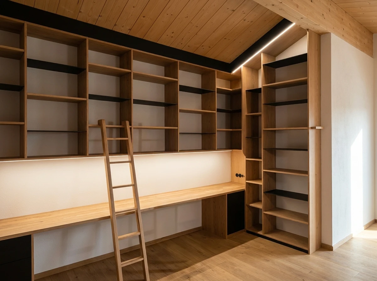 Escalier intérieur moderne en bois foncé avec rampe métallique, longeant un mur en pierre naturelle apparente