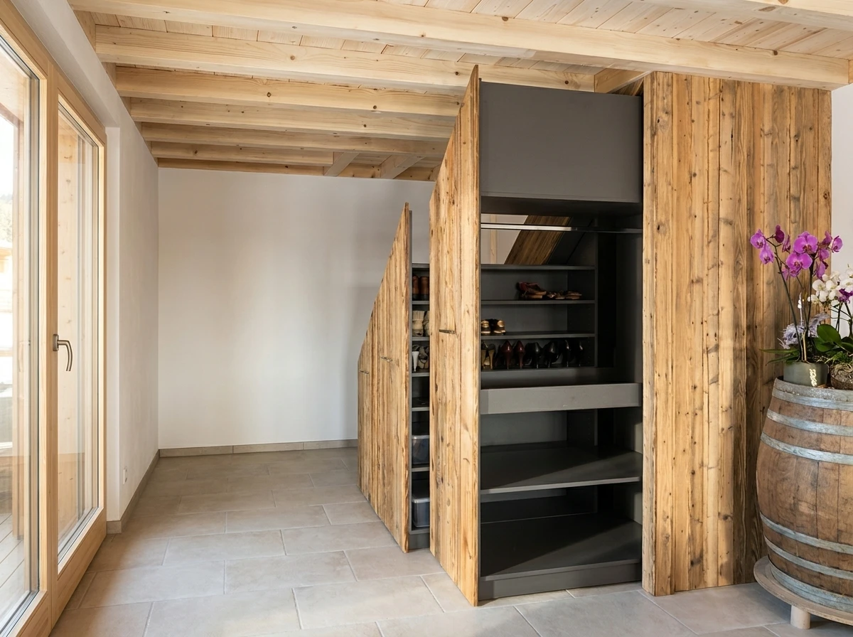 Intérieur moderne avec escalier suspendu à structure métallique noire et marches en bois massif, garde-corps en métal perforé