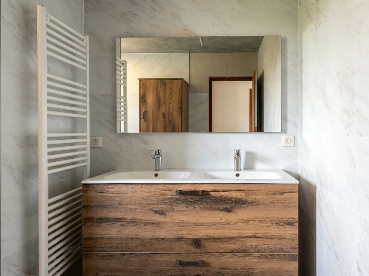 Intérieur moderne avec escalier contemporain à structure métallique noire et marches en bois clair